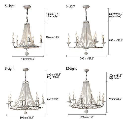 Jiuzhuo Rustic 33.9 Inches Candle Shaped 12 Light Crystal Bead Strands Metal Wheel Large Chandelier Lighting Hanging Ceiling Fixture,Distressed White… #TOP7