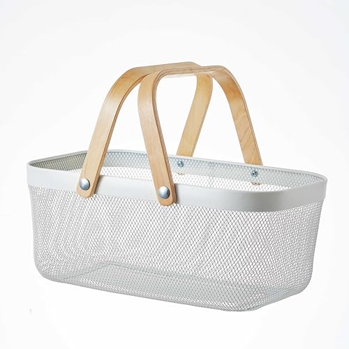 Eden & Willow Mesh Wire Metal Storage Basket with Wooden Handle - Versatile Organiser for Kitchen, Bathroom, Office - Stackable & Durable (White, Large)