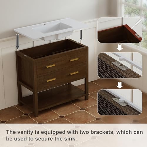 DELUXE LIVING 36 Inch Bathroom Vanity with Sink, Farmhouse Storage Cabinet with Drawers & Open Storage Shelf, Easy Assembly, Adjustable Feet, Walnut
