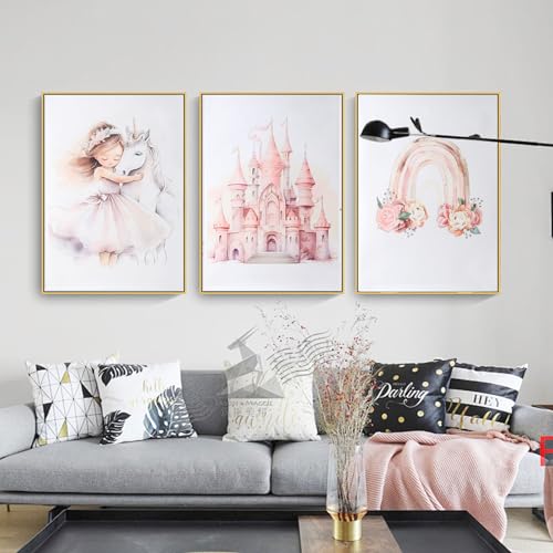 FENGQQKJ Bilder Kinderzimmer Mädchen, 3-Teiliges Rosa Poster 30x40cm, Prinzessin Einhorn Schloss Regenbogen Mädchen Deko, für Kinderzimmer Bilder, Wanddeko(Ohne Rahmen)
