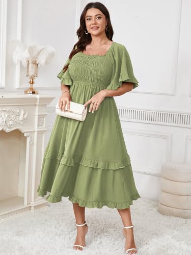 Image of SCOMCHIC Women's Plus Size Maxi Summer Wedding Guest Cocktail Boho Dresses | Short Sleeve, Square Neck Smocked, A line, Fall, Elegant Flowy Long Dress
