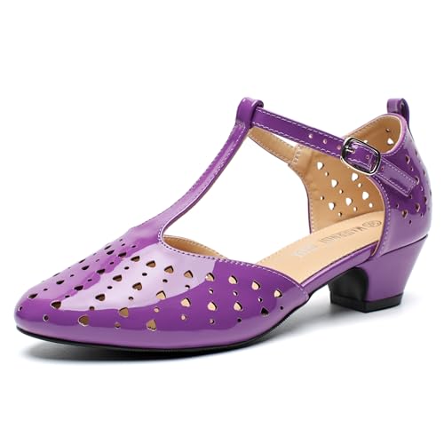 Image of MAIERNISI JESSI Women's T-Strap Mary Jane Pumps, Low Block Heel, Closed Toe, Buckle Ankle Strap