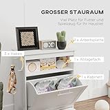 PawHut Haustier-Futterschrank Futterschrank Hund mit Lagerschrank, 2 Edelstahlnäpfen, 3 Haken, Schublade, Futterstation mit offenem Fach, Kipptür, Hundefutterstation für Hunde, 61 x 35,5 x 82 cm Weiß