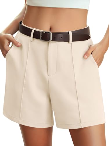 Feiersi Womens Casual High Waisted Elastic Waist Wide Leg Tailored Shorts Pleated Trendy Dressy Work Trouser Shorts(Apricot,Large)