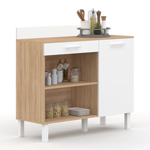 IDMarket - Aparador bajo de cocina 100 cm CINA encimera H.83 cm, 1 puerta + 1 cajón de haya y blanco