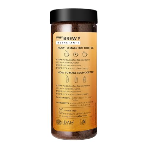 Image of Bevzilla Butterscotch Flavoured Instant Coffee Powder - 400 Gram (200gx2) | Arabica Beans | Perfect for Espresso, Latte & Cappuccino | Enjoy Hot & Cold Brews