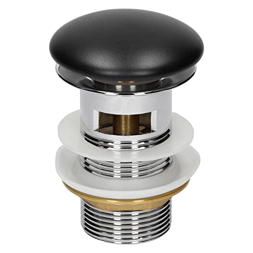 ML-Design Set Universel de Vidange d'Évier et Cuvette avec Trop-Plein, Valve Bouchon de Vidange avec Joints, Pop Up en Acier Inoxydable avec Couvercle Doublement Étanche Céramique Noir, 1 1/4 pouce Cover