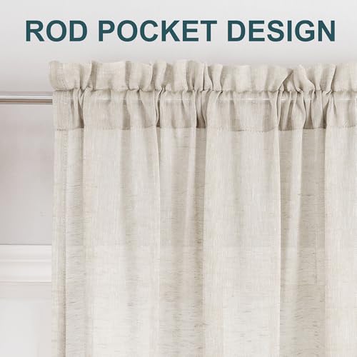 Turquoize White Linen Sheer Curtains Natural Linen Semi Sheer Curtains White 96 Inches Long Light Filtering Burlap Curtain 2 Panels Rod Pocket Window Treatments Drapes, Privacy Assured, Natural - Thumbnail 2