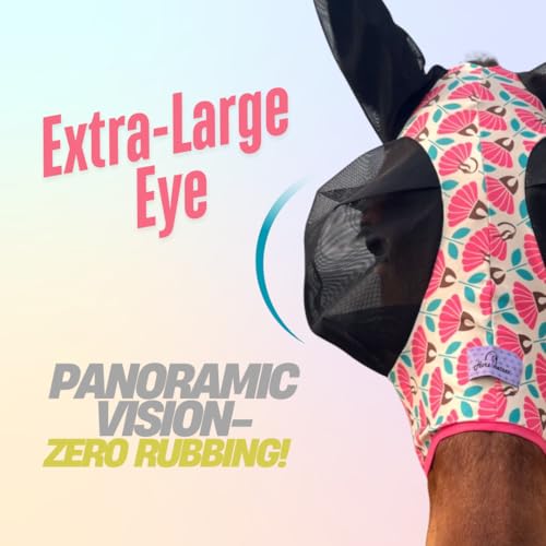 Horzmetnex Stretchy Horse Fly Mask with Extra-Large Eyes & Mane Opening – Soft, Breathable Fly Mask for Horses, Tangle-Free Design, Enhanced Visibility (Pink Geometric, Full (Large))