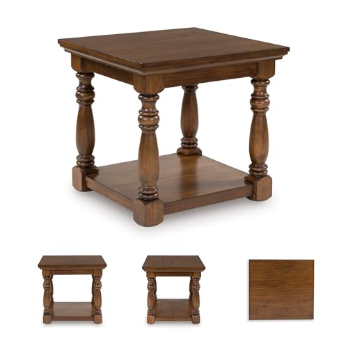 Image of Signature Design by Ashley Sturlayne End Table, Traditional Rectangular Accent Table with Storage Lower Shelf, Hardwood Solids, Veneers, and MDF Substrates, for Living Room Couch, Dark Brown