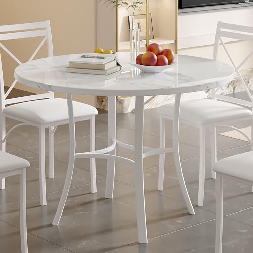 VECELO 36 Round Dining Table for 4, Faux Marble Dinette with Metal Frame for Kitchen, Apartment, Home, Space-Saving, White