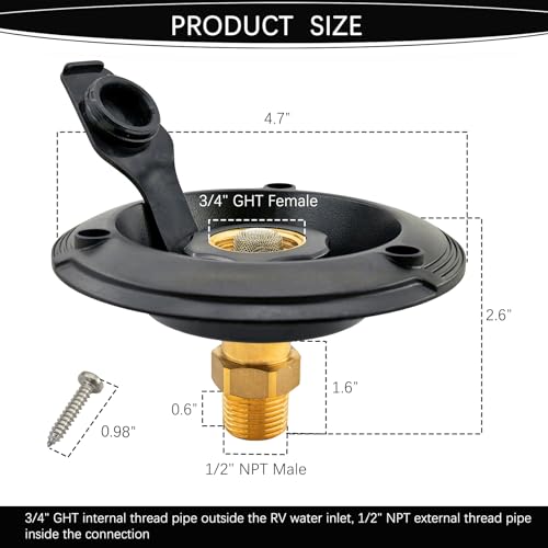 Image of RV City Water Fill Inlet Flange Connection Fittings with Check Valve fit RV Camper Trailer Marine Hose Water Inlet Connector Replacement for Connect 3 /4'' NH Female to 1 /2'' NPT Male (BLACK)
