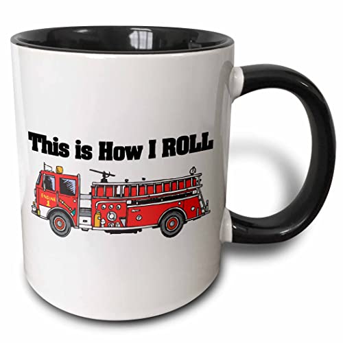 3dRose This Is How I Roll Fire Truck Firemen Design 15oz Two-Tone Black Mug