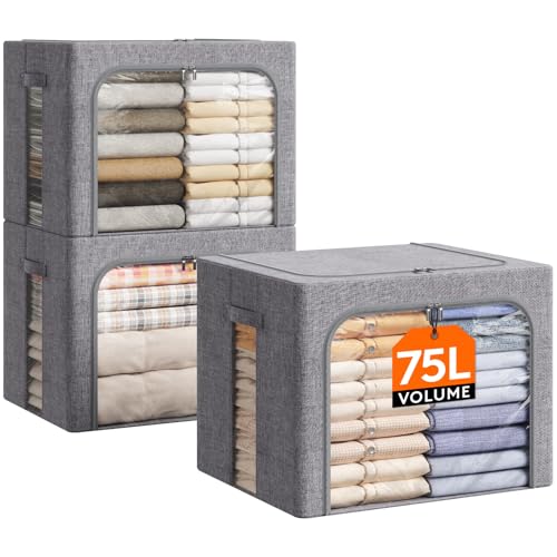 Image of Lifewit Clothes Storage Bins with Metal Frame, Stackable Storage Box, Foldable Clothing Storage Bins with Lids, 75L Storage Bags Fabric Box Organizer with Clear Window& Zippers& Sturdy Handles 3 Pack
