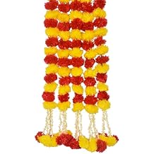 Kalakriti Artificial Marigold Flower |Indian/American Party Mantle Decoration, Faux Wedding Garland, Diwali Decor Gift Spring Bush Floral, Red Yellow, Pack of 5, 5 ft Each Red Yellow 4