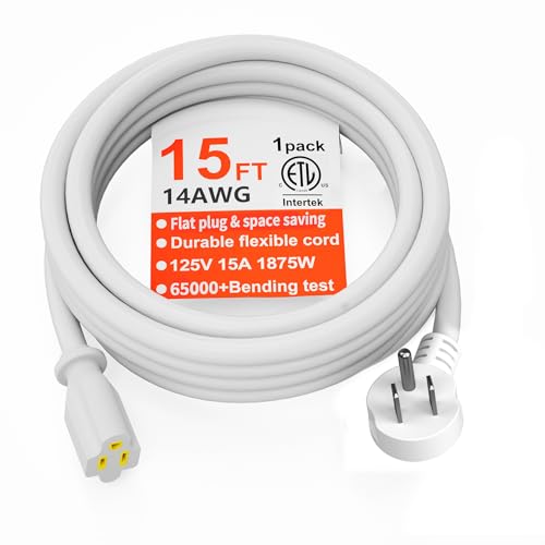 HUANCHAIN 14 Gauge 15 FT Flat Plug Extension Cord White Indoor Outdoor Heavy Duty 3 Prong Grounded Low Profile Extension Wire Flexible 15A 1875W 125V 14AWG SJTW ETL Listed