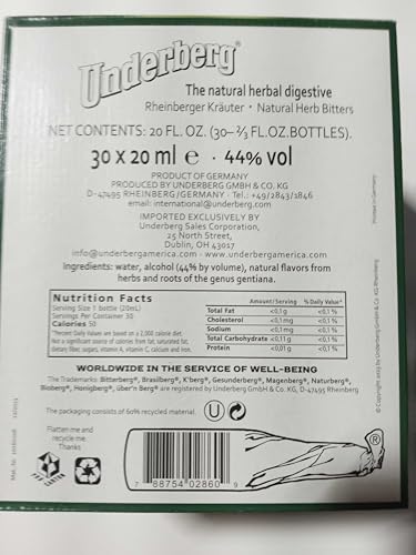 Underberg Herbal Bitters For Digestion, 30 Pack (Single-Dose Bottles) | The Original Herbal Digestive Bitters From Rheinberg | Liquid Recipe w/ 43 Aromatic Herbs | Natural Digestion Bitter, Non-GMO