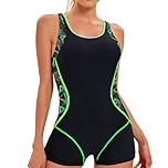 LXEASYGO Womens One Piece Swimsuit with Short Sports Scoopback Swimming Costumes Modest Swimwear with Tummy Control & Removable Foam Cups (UK, Numeric, 12, 14, Regular, Regular, Black Green)