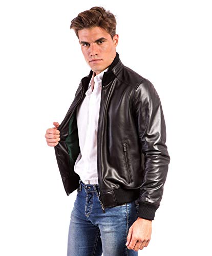 Blouson Bomber en cuir homme noir Made in Italy col élastiqué – vue 2