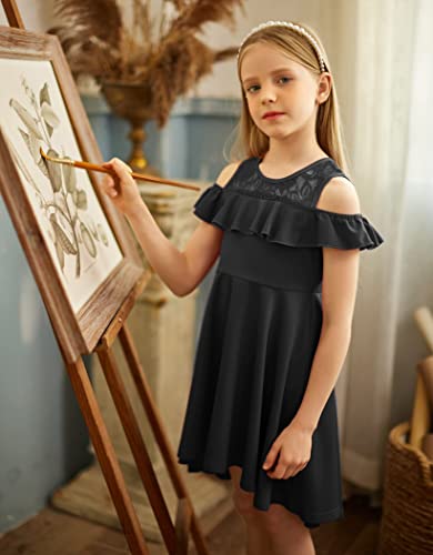 Arshiner Dresses For Girls Summer Off Shoulder Flutter Sleeve Midi Swing Cassual High Low Formal Dresses Black 6-7 Years #TOP1