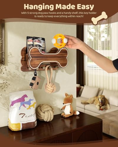 MTERSN Farmhouse Dog Leash Holder for Wall - Dog Stuff Organizer and Doggie Bone Key Holder Wall Mount with 5 Decorative 3D Puppy Paw Hooks & Storage Shelf - Ideal Home Decor (Brown) - Image 4