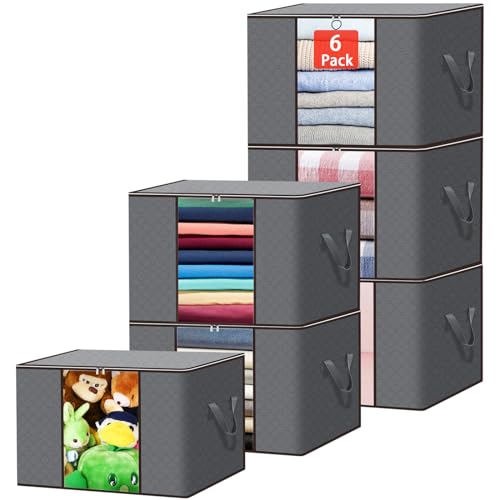 TAVADA Cajas Almacenaje Ropa 6 Piezas, Bolsas Para Guardar Ropa no Tejido de Gran Capacidad, Bolsas Almacenaje Ropa con Cremallera y Mango Reforzado Suéteres, Abrigos, Mantas, 90L, Gris