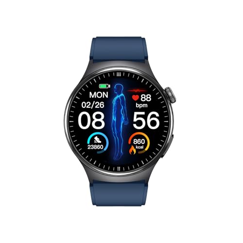 Tangxi Reloj Inteligente para Hombres, Reloj Inteligente con Pantalla Táctil HD de 1,43 Pulgadas, Monitor de Sueño Impermeable IP67, de Fitness con Control de Música y (Correa de Silicona Azul)