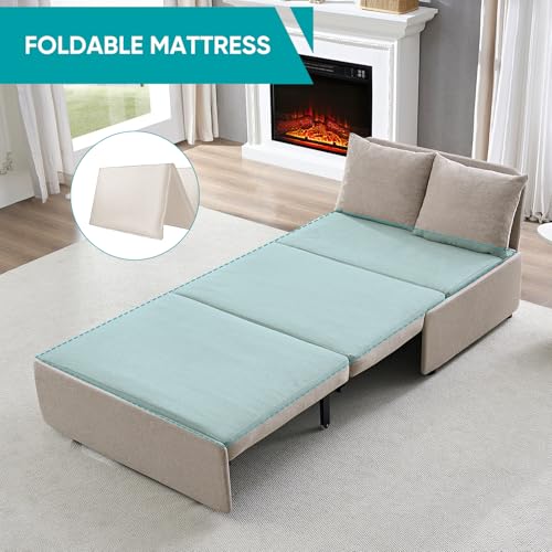 Image of BALUS 43 inch W Twin Pull Out Sofa Bed Sleeper Couch with Pullout Beds, Convertible 2 in 1 Linen Sleepers Sofas Armless Chair with Pillows and Foldable Mattress for Small Space Apartment Loft, Beige