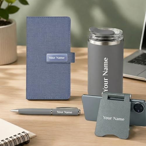 Image of Giftana 4 in 1 Personalized Diary with Pen, Mobile Stand and Coffee Tumbler 350ml Gift Set for Men & Women, Customized Gifts for Doctors, Personalised New Year Corporate Gift Set for Employee (Grey)