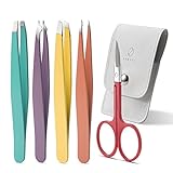 FERYES Professional Eyebrow Tweezers Set with Scissors, 4 PCS Eyebrows Plucker Set for Men and Women with Curved Brow Scissors, Leather Case Included