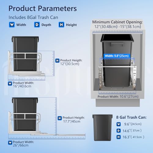 Image of Insputer 8 Gal Pull Out Trash Can Under Cabinet, Heavy Duty Under Sink Garbage Can Kit with Soft-Close Slides for Kitchen, Laundry, Requires Minimum Cabinets Opening 12 inch W X 18 inch D
