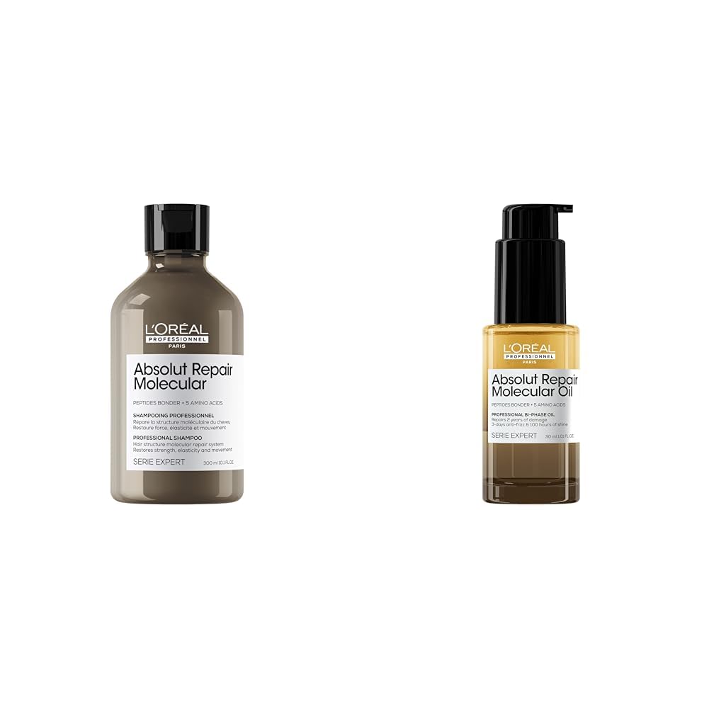 L'Oréal Professionel, Champú Sin Sulfatos y Aceite Bifásico, Para Cabello Seco y Dañado, Nutre, Repara y Fortalece el Cabello, 100H de Brillo y Antifrizz, Absolut Repair Molecular, 300ml + 30ml