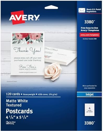 Avery 03380 Textured Post Cards, 4-1/4 x 5-1/2, Matte White, 120 Cards ...