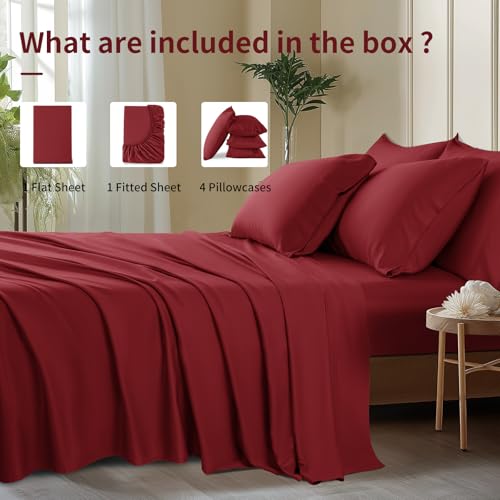 Image of Shilucheng 6 Piece California King Sheet Sets, Cooling Sheets, Blend Rayon Derived from Bamboo, Deep Pocket Up to 16 inch, Breathable & Soft Bed Sheets, Hotel Silky Bedding Set, Burgundy