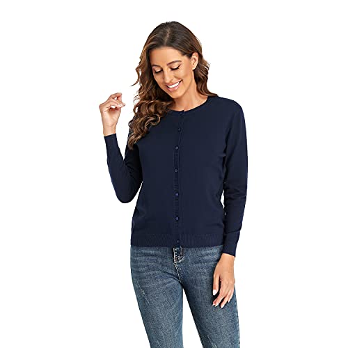 Cunyi Women's Crew Neck Cardigan Long Sleeve Sweater For Women Button Down Soft Knit Ladies Cardigan Sweates Coat, Navy M #TOP2