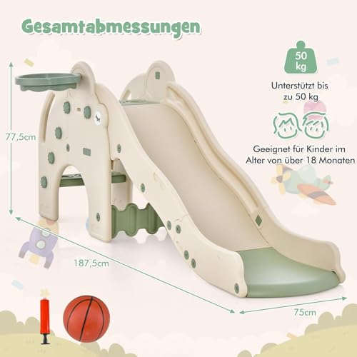 FANTASK Kinderrutsche Indoor & Outdoor, 4 in 1 Kleinkinderrutsche inkl. Tunnel & Basketballkorb & Leiter, Elefant Kinderrutsche für Kinder ab 18 Monaten