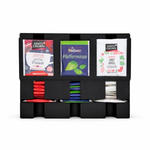 Alupedia Teebeutel Organizer Box Teebeutelspender aus robustem Kunststoff 3Fächer für Verschiedene Teesorten Perfekt für Küche Büro Hotel oder Teeliebhaber Platzsparend (Schwarz)