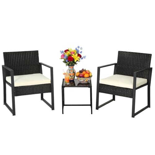 Image of FDW | 3-Piece Patio Furniture Set | Khaki |Outdoor Wicker Furniture with Coffee Table | Modern Rattan Chairs Conversation Set | Outdoor Seating | Weather-Resistant | for Porch, Garden, Lawn
