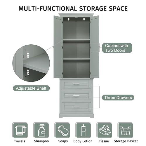 Image of Merax 70 inch Pantry Cabinet with Two Doors & Three Drawer, Adjustable Shelves Storage Cupboard for Kitchen /Dining Room /Bathroom, Gray