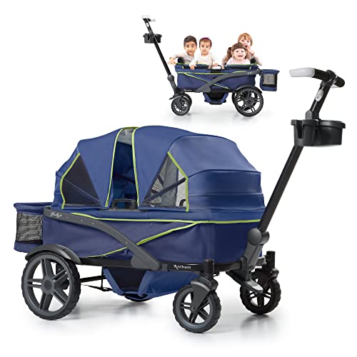 Image of Gladly Family Anthem4 Quad All-Terrain Wagon Stroller with Easy Push and Pull, Removable XL Canopies, and Sturdy, Safe Folding for Storage and Transport, Neon Indigo