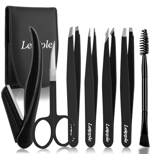 Pinzas Depilar 7Pcs Para Mujeres & Hombres - Set de Pinzas de Precisión Con Estuche de Viaje - Pinzas De Acero Inoxidable Para Cejas Con Tijeras, Navaja, Espejo para Vello Encarnado (Negro)