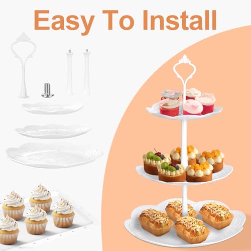 10 Pcs Cake Stand White Plastic Dessert Table Display Set 4 Pcs 3 Tired Cupcake Stand Cookie Tray Rack Serving Tray Cake Display Tower and 6 Pcs Dessert Trays for Wedding Baby Shower Tea Party - Image 10