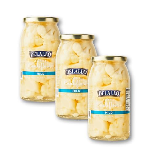 DeLallo Mild Pickled Cauliflower in Tangy Vinegar Brine, Crispy Crunch Texture, Naturally Cured, Non-GMO, Gluten-Free, Vegan, 25.5 oz Jar, (3 Pack)