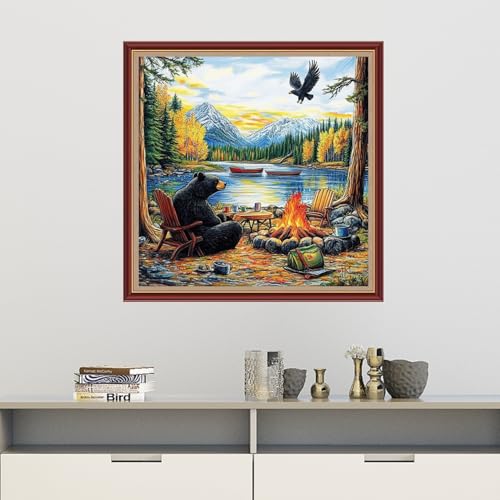 Image of Dooxvey Cross Stitch Kits for Adults Beginners,Full Range of Cross-Stitch Stamped Kits Needlepoint Kits for Beginners Embroidery Kits 11CT Cross Stitch Patterns-Lakeside Bear Scenery 18x18 inch