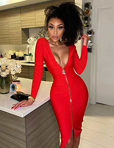 Zakinuva Women's Sexy Open Back Zip-Up Prom Dresses Boat Neck Long Sleeve Bodycon Evening Midi Dress(Red,Xx-Large) #TOP2
