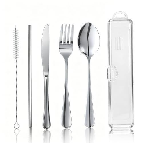 Travel Camping Utensils with Case, 6 Pcs Reusable Stainless Steel Silverware Cutlery Set, Spoon, Fork, Knife + Straw/Brush Kit for Camping, Travel, Office, Lunch Box, Eco On-the-Go (silver)