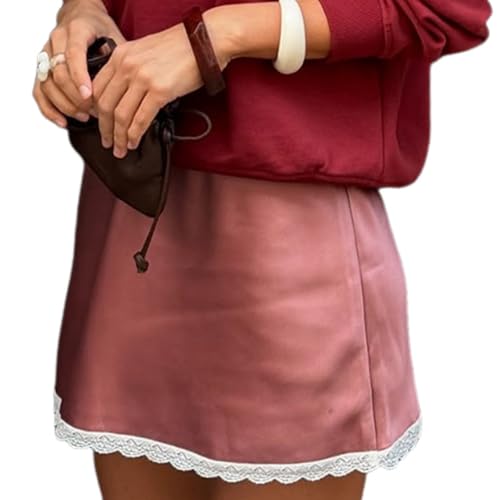 Cute Bow Lace Trim Satin Mini Skirt High Waist Casual Skirts for Women Trendy Summer Bottoms