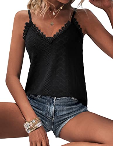 Hotouch Black Tank Top Women Summer Tops V Neck Casual Sleeveless Cami Floral Trim Top Loose Black L #TOP1