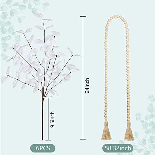 Bleum Cade 6Pcs 24" Tall White Artificial Eucalyptus Stems With Wood Bead Garland, Fake White Flowers, Faux Silver Dollar Eucalyptus Leaves Branches For Vase Flower Arrangement Farmhouse Home Decor #TOP5