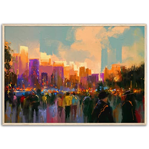 Art mural abstrait paysage urbain New York grand tableau bois 70x100